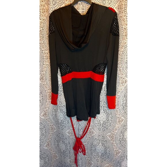 Womens Sexy Ninja Costume Set S Hooded Romper & Mask Black/Red Spooktacular Crea - Picture 5 of 8